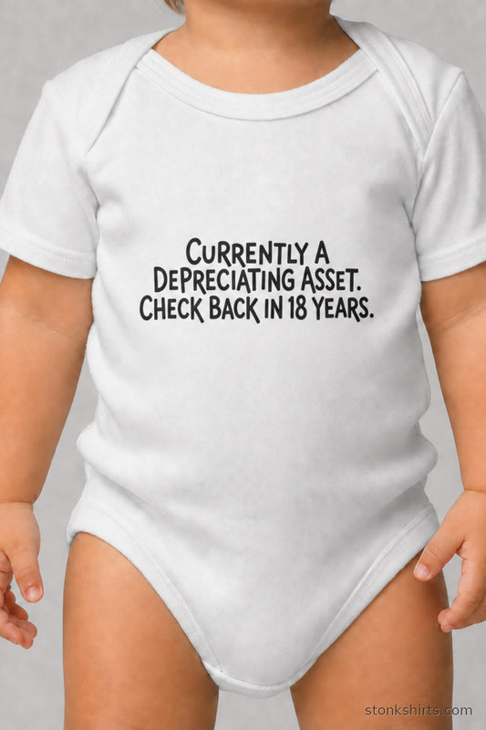 Baby bodysuit with text print about being a depreciating asset, worn by a baby