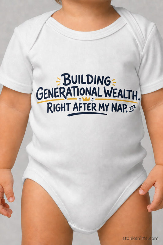 Baby bodysuit with hand-lettered print about building generational wealth, worn by a baby