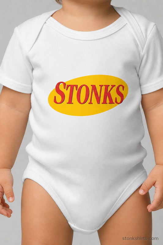 Baby bodysuit with retro oval logo print reading Stonks, worn by a baby