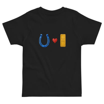 Toddler t-shirt with a horseshoe design and the words Blue Horseshoe Loves Gold