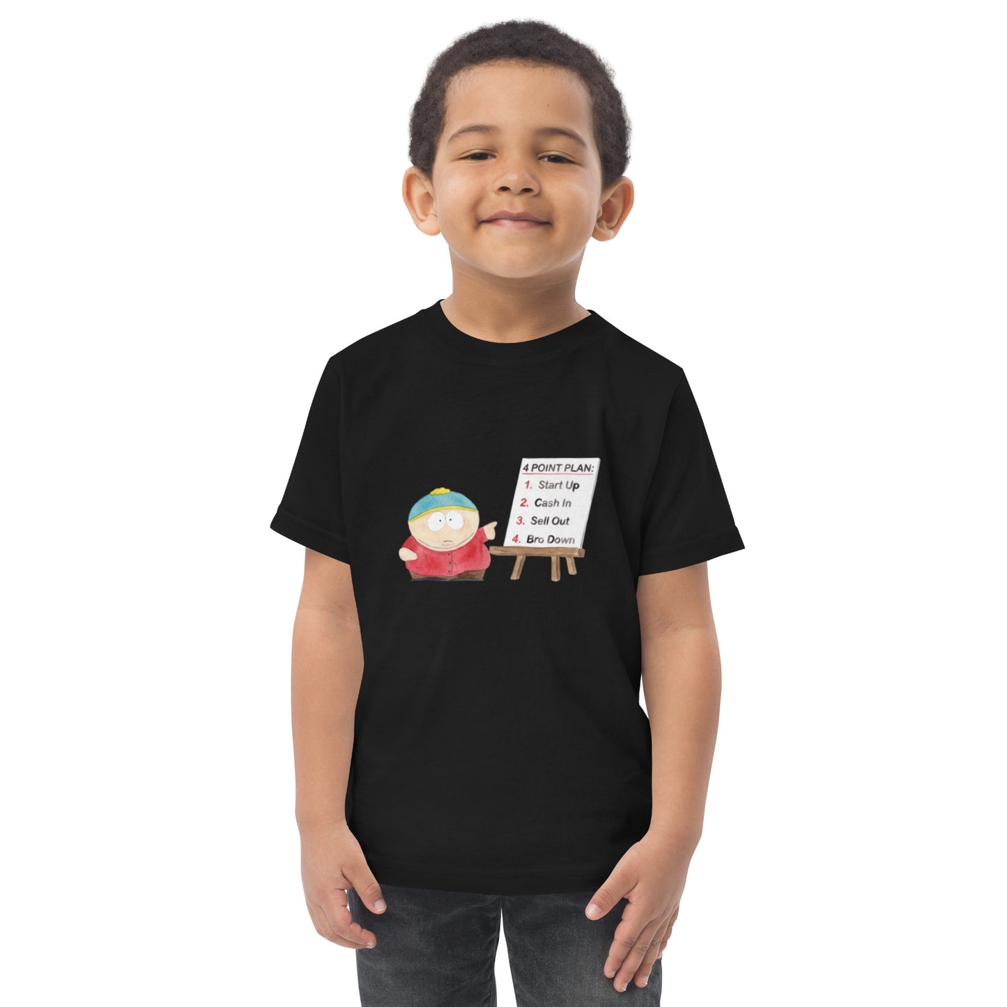 Toddler t-shirt with a numbered four-step business plan design ending in profit