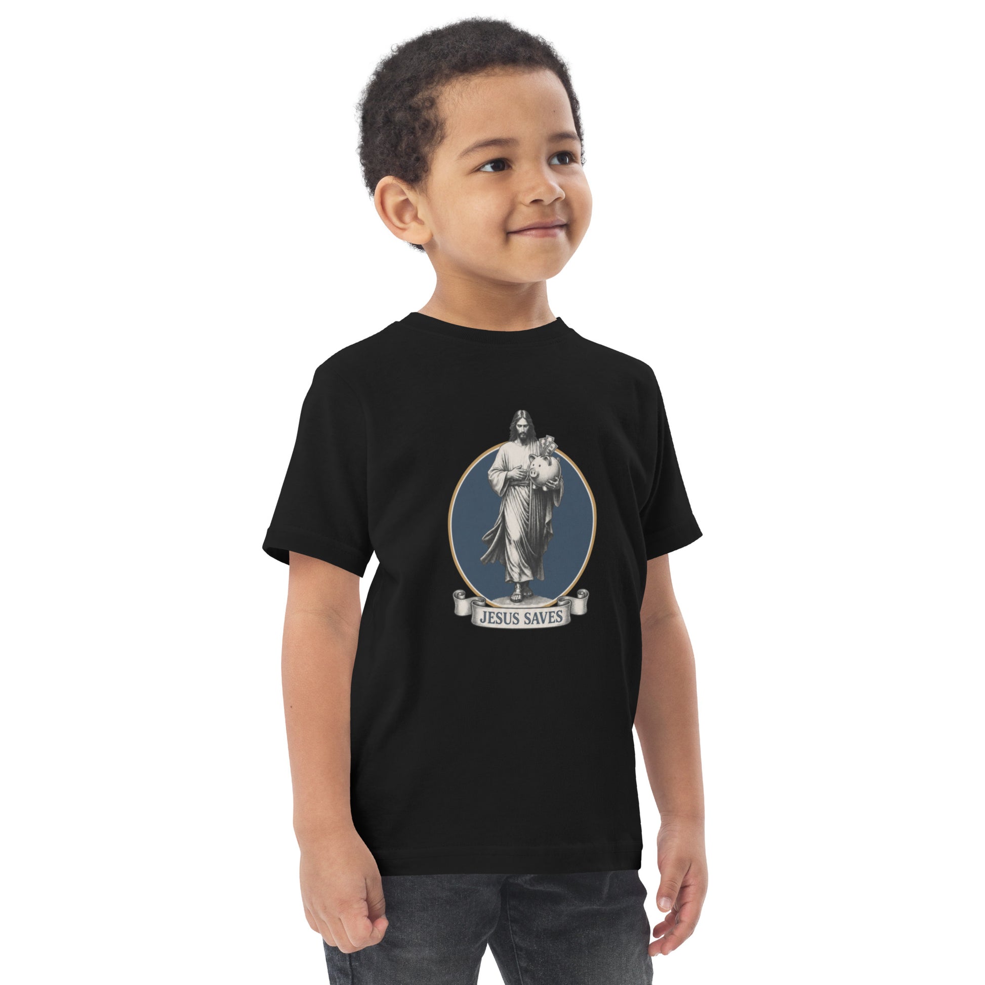 Toddler t-shirt with the words Jesus Saves as a savings pun