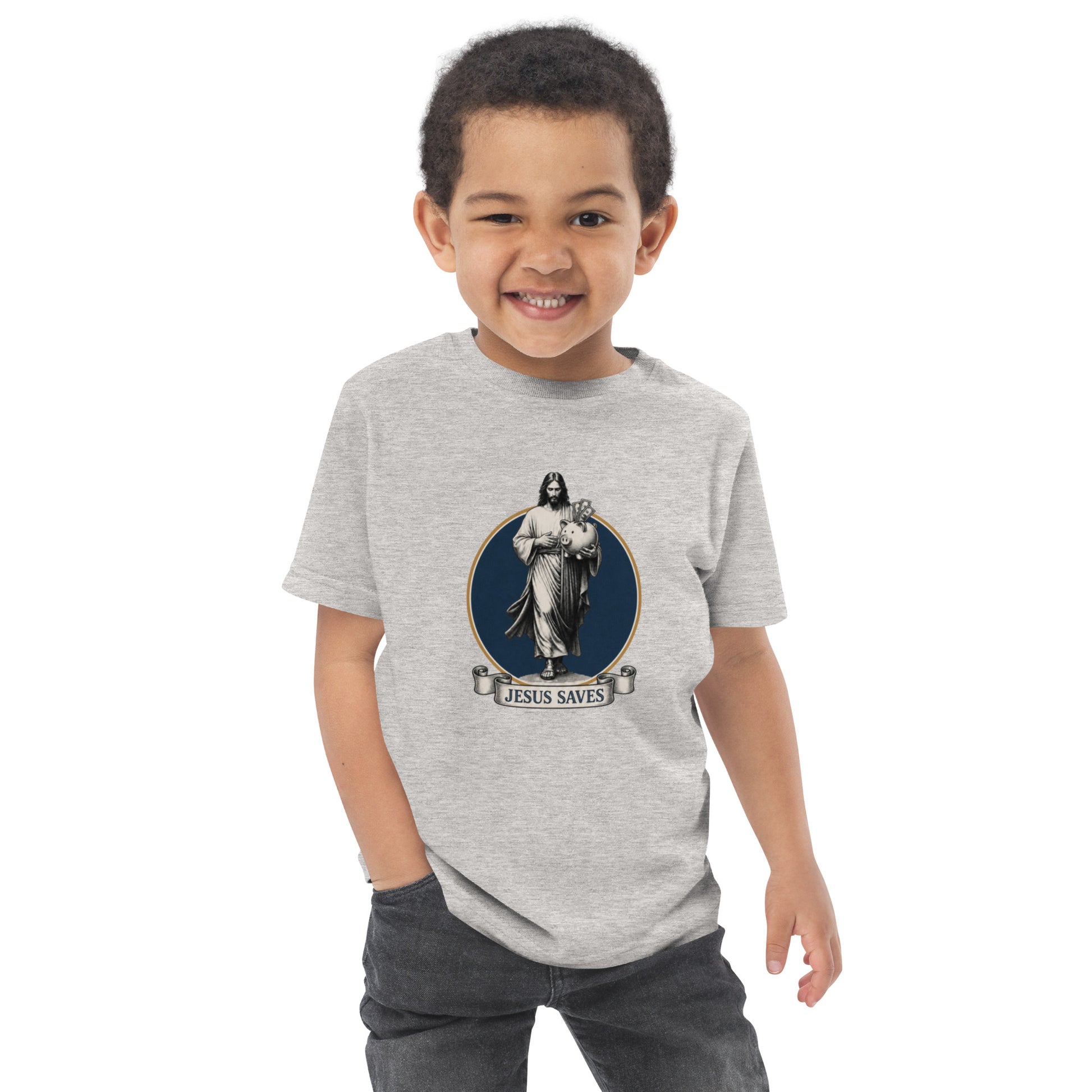 Toddler t-shirt with the words Jesus Saves as a savings pun