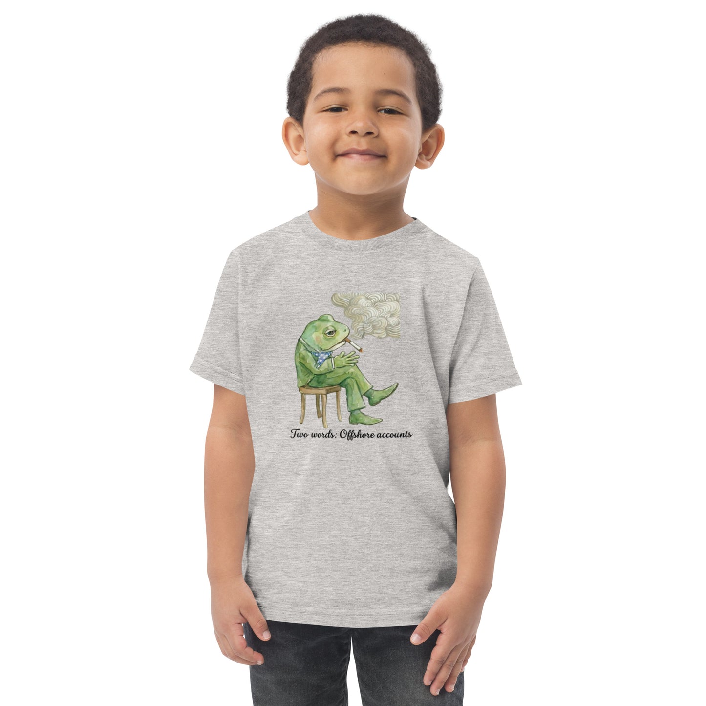 Toddler t-shirt with a cartoon frog design and the words Clever Frog Offshore Accounts