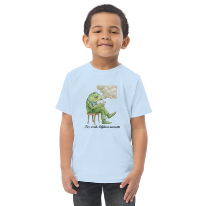 Toddler t-shirt with a cartoon frog design and the words Clever Frog Offshore Accounts