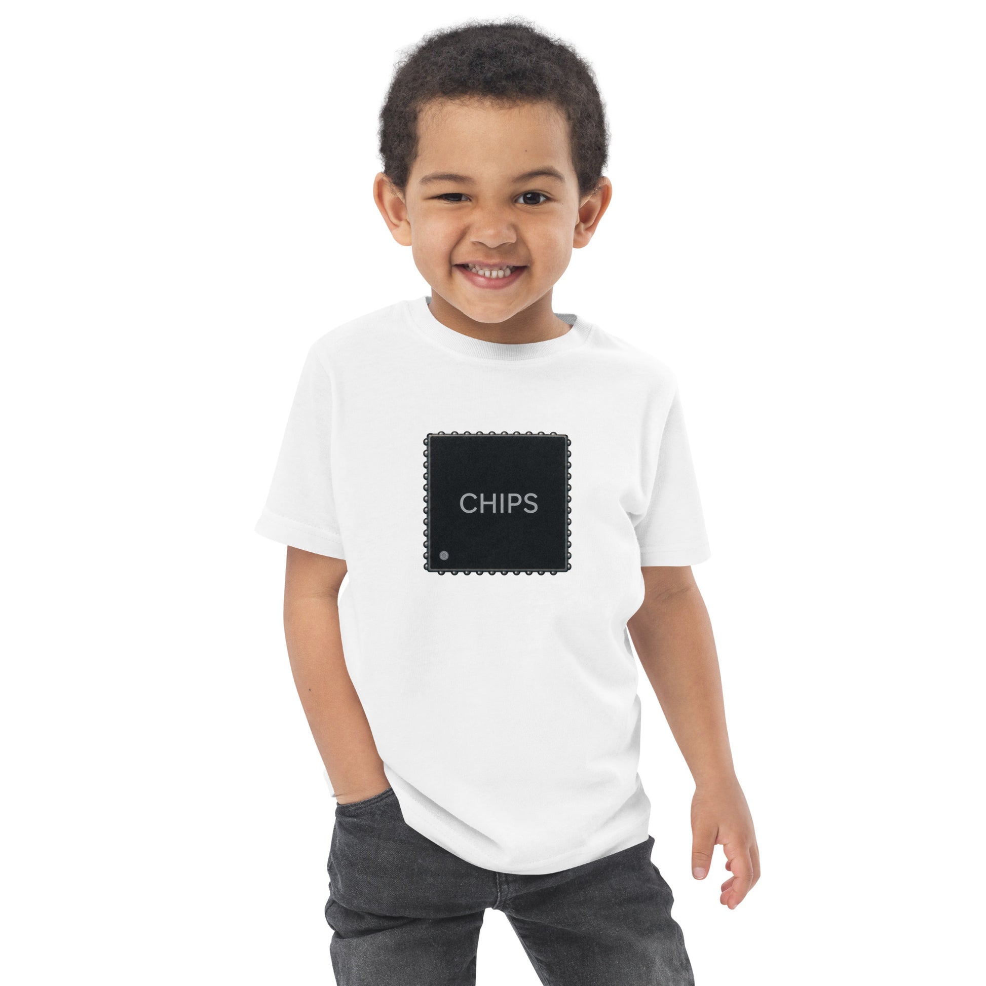 Toddler t-shirt with a microchip design and the words The Age of Chips