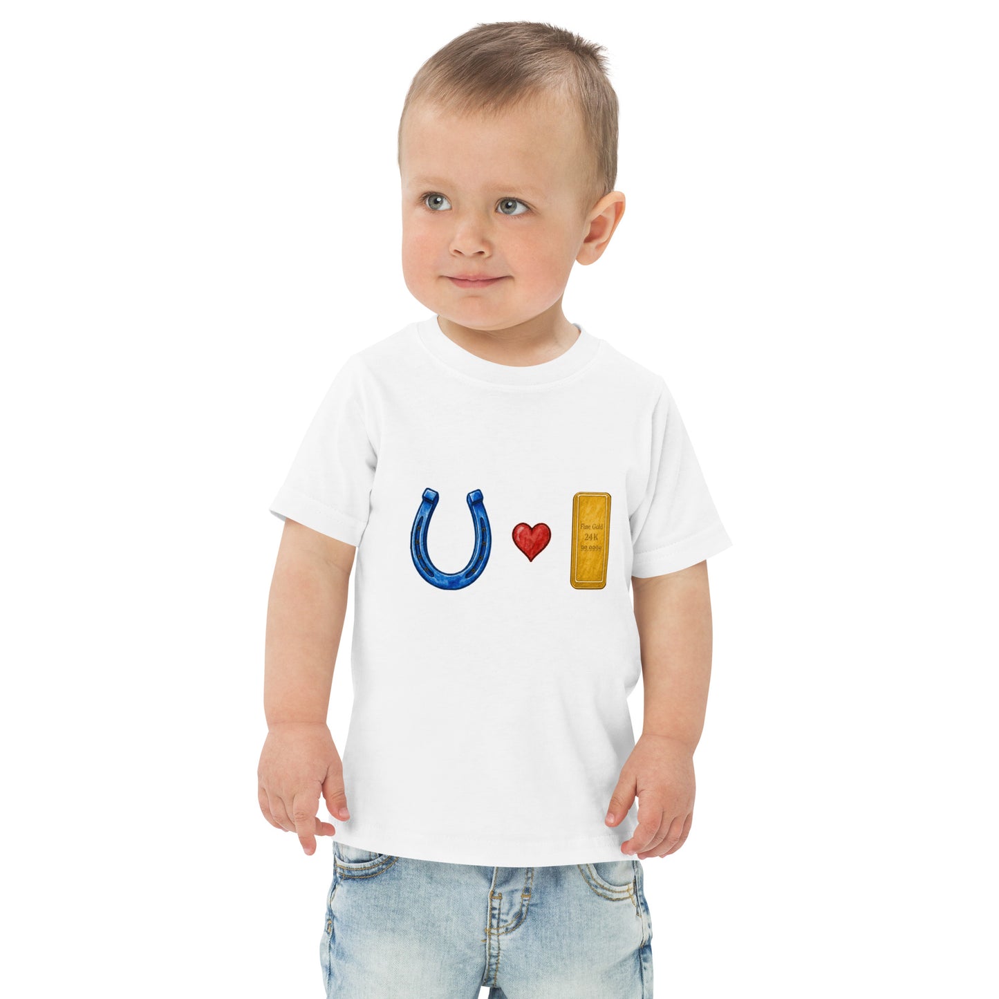Toddler t-shirt with a horseshoe design and the words Blue Horseshoe Loves Gold