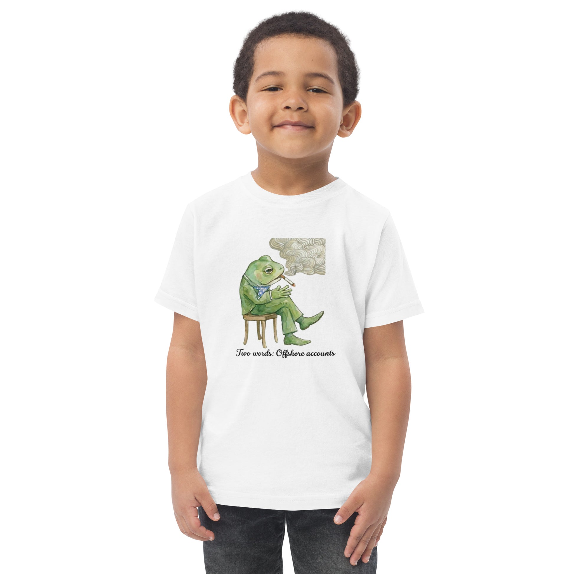 Toddler t-shirt with a cartoon frog design and the words Clever Frog Offshore Accounts