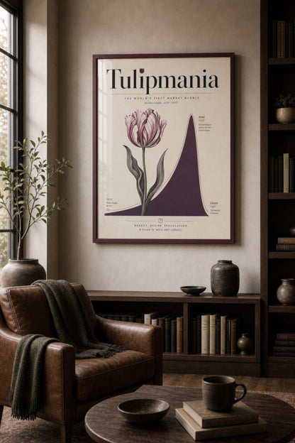Matte poster with a botanical tulip illustration beside a price curve rising to a sharp peak, labelled Tulipmania Netherlands 1634 to 1637