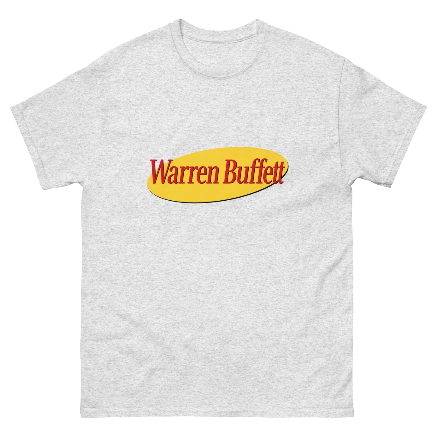A t-shirt with a print on the chest depicting an oval shape containing the text Warren Buffett