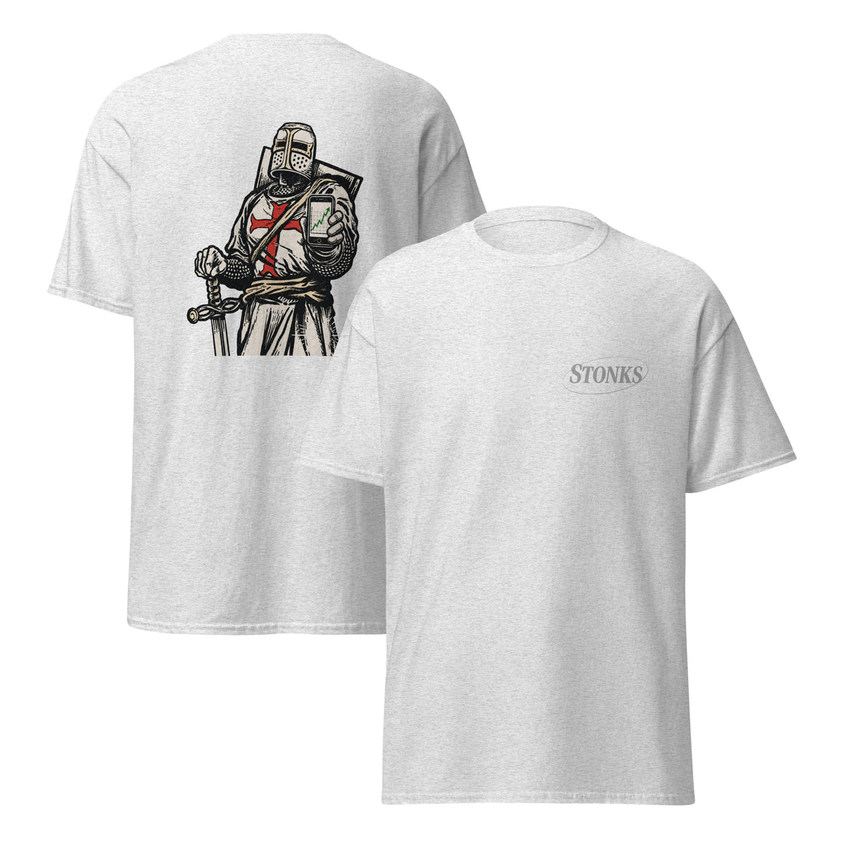 Unisex t-shirt featuring a woodcut-style crusader knight illustration holding a smartphone showing a rising stock chart