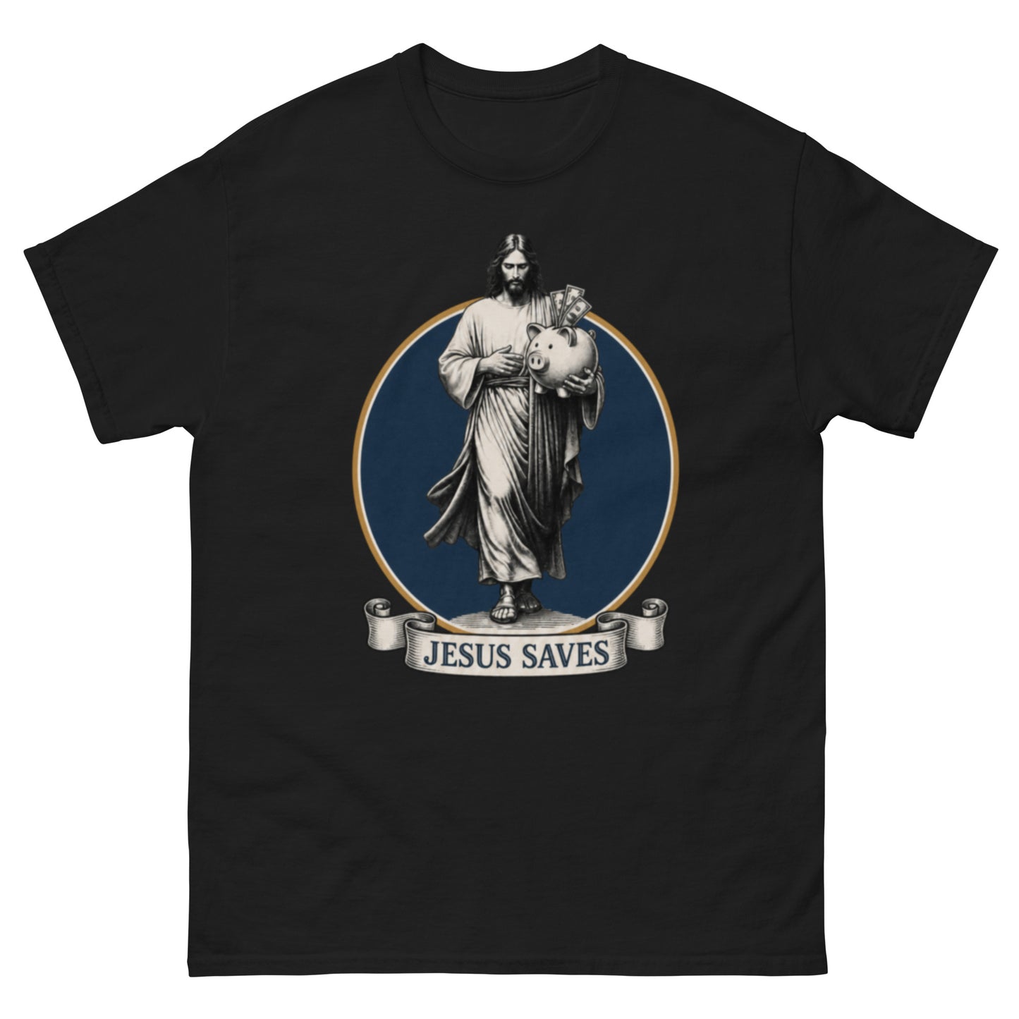 "Jesus Saves Big Print" engraving-style savings-pun unisex t-shirt