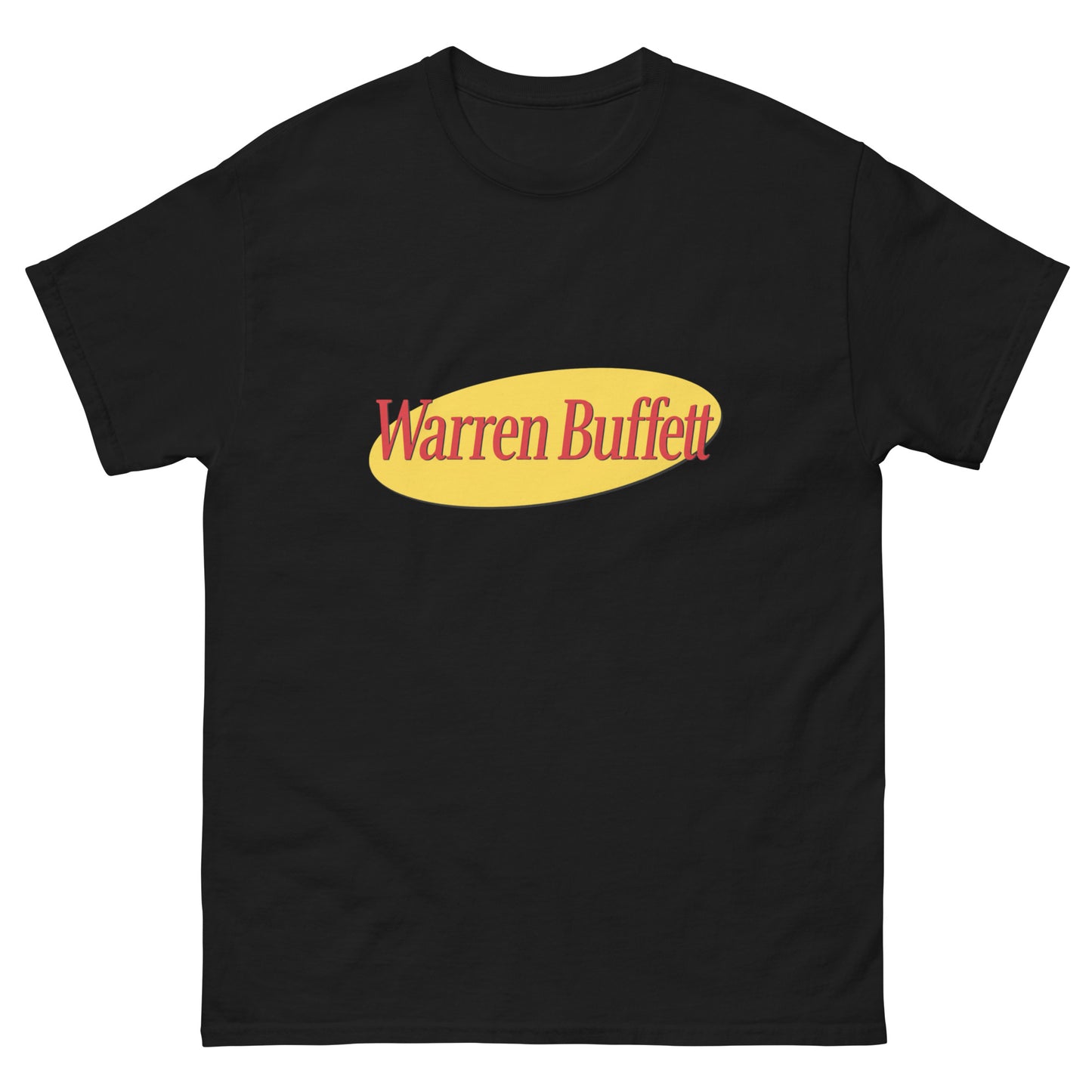 A t-shirt with a print on the chest depicting an oval shape containing the text Warren Buffett
