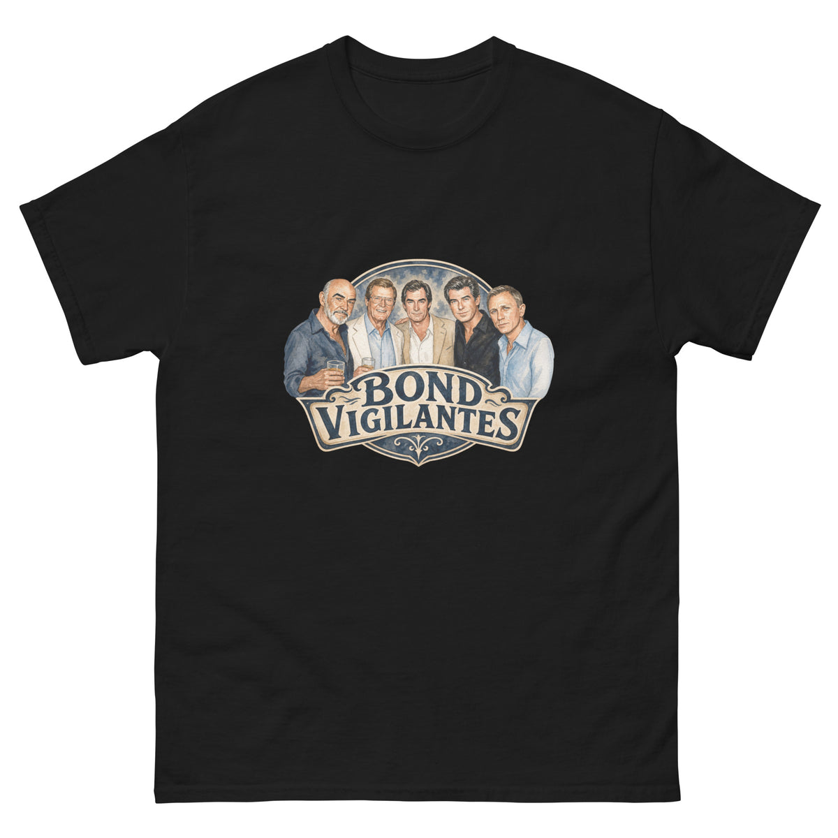 "Bond Vigilantes" saloon-sign lettering with five watercolour portraits of men in evening wear on a t-shirt