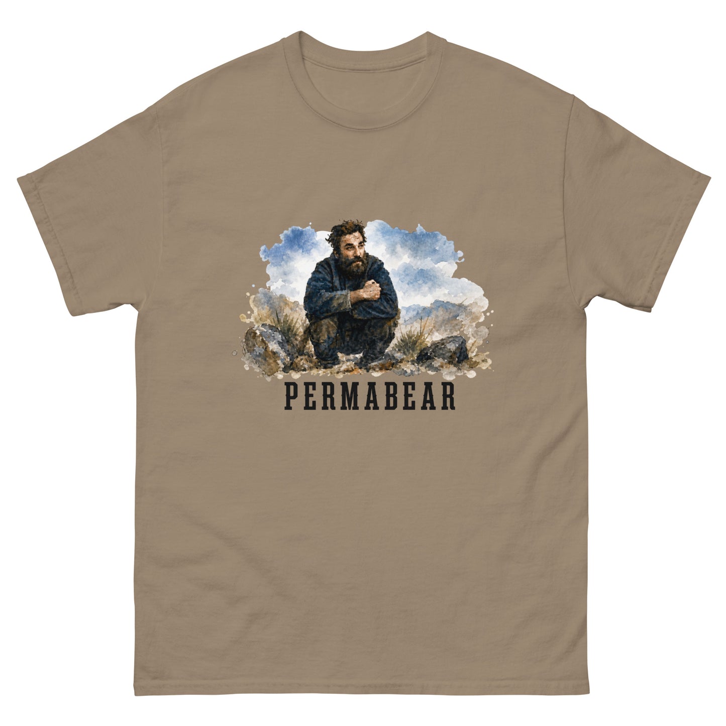 Unisex t-shirt with weathered illustration of a bearded man and Permabear text design