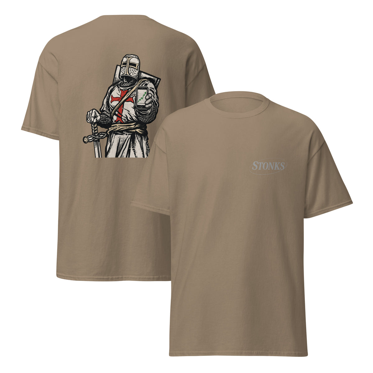 Unisex t-shirt featuring a woodcut-style crusader knight illustration holding a smartphone showing a rising stock chart