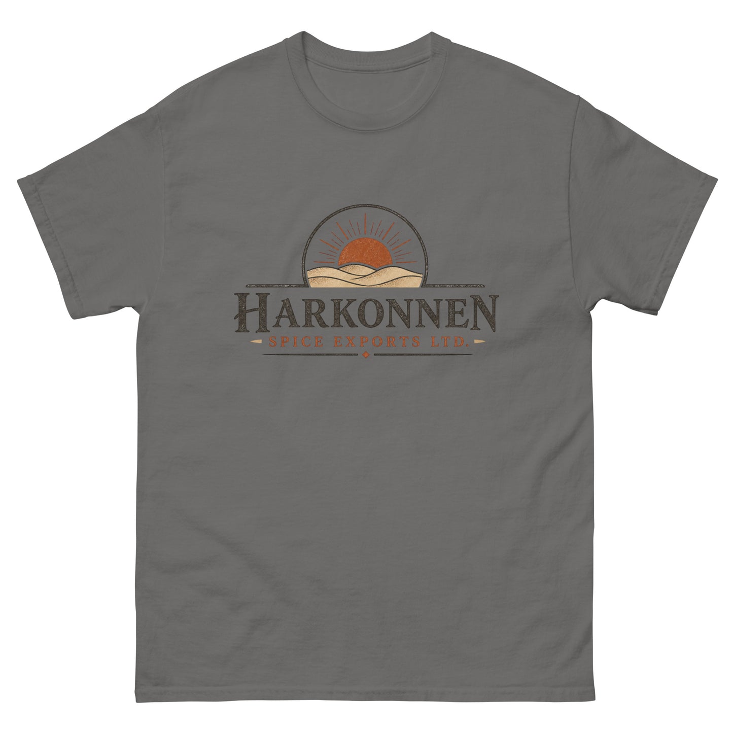 Unisex tee with a vintage engraved logo of a sun rising over desert dunes above serif lettering for a fictional spice export company
