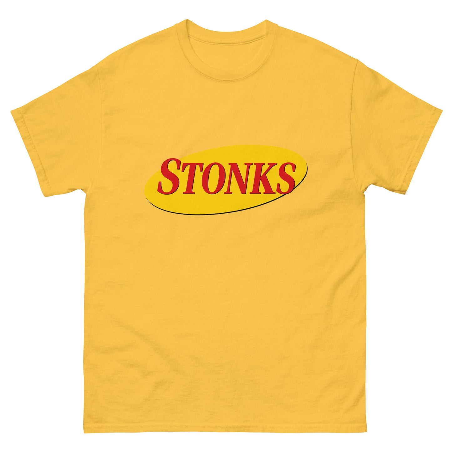 "STONKS" printed in Seinfeld-style lettering on a unisex cotton t-shirt