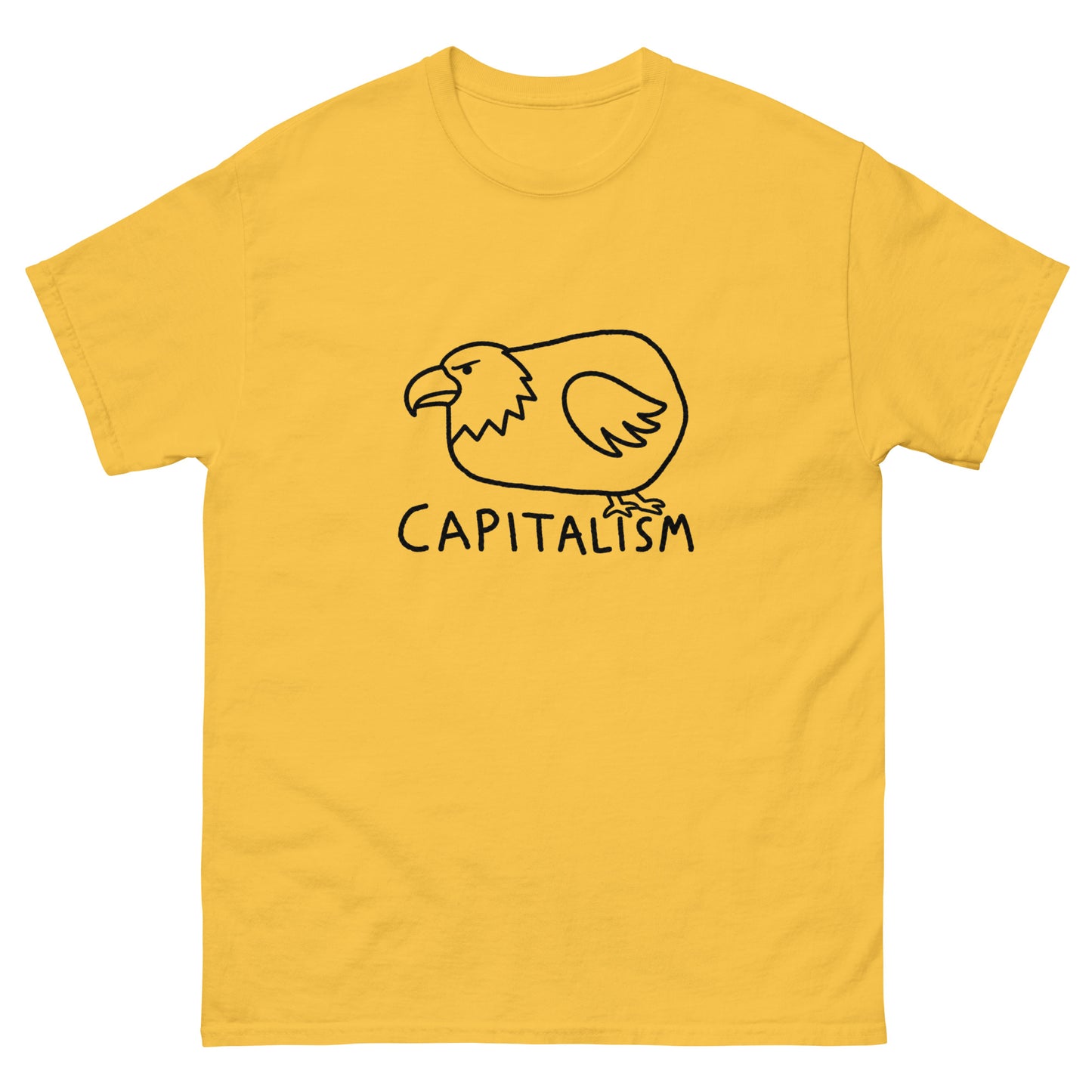 Chubby cartoon bald eagle illustration with "Capitalism" text on a unisex t-shirt