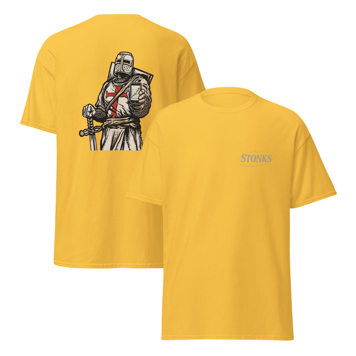 Unisex t-shirt featuring a woodcut-style crusader knight illustration holding a smartphone showing a rising stock chart