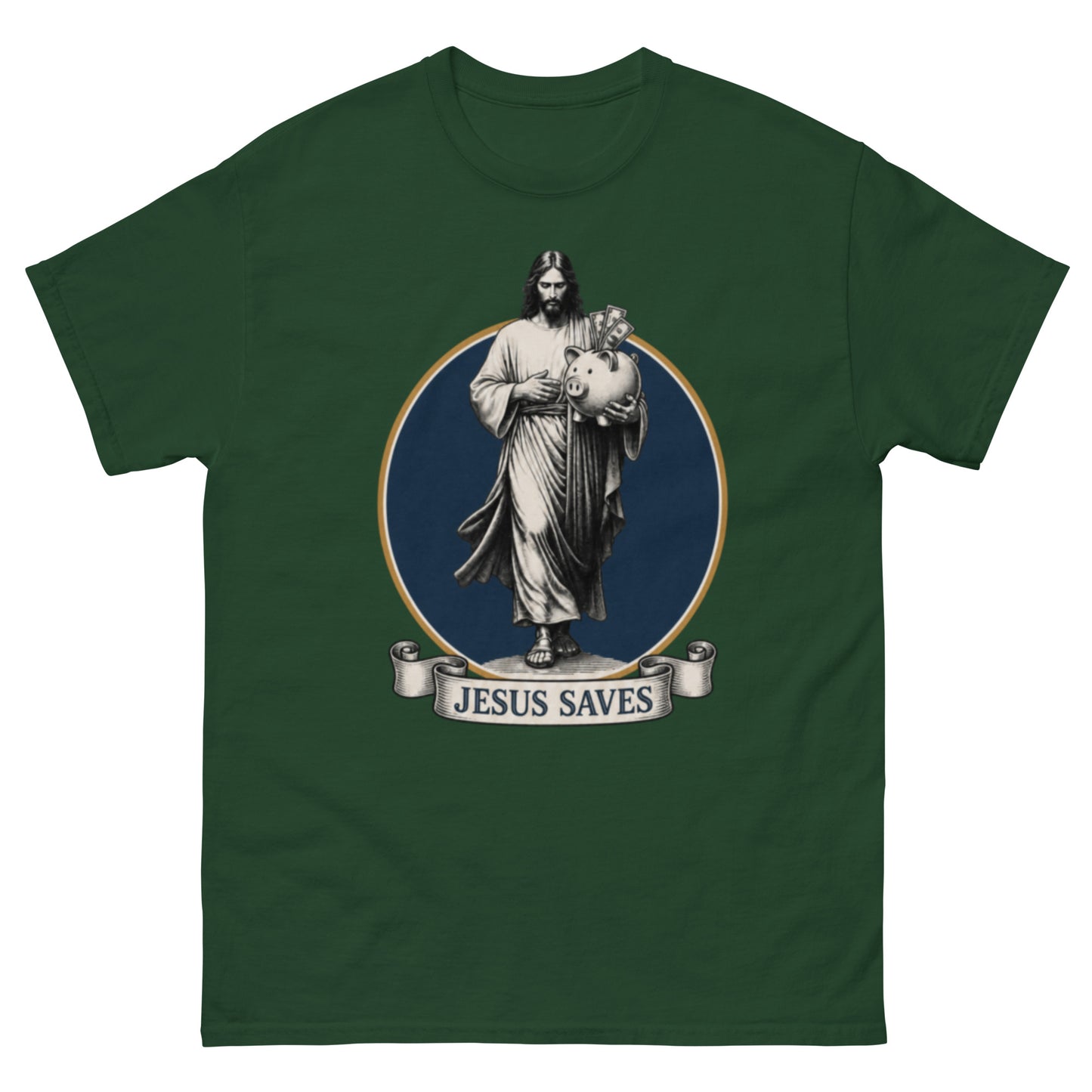 "Jesus Saves Big Print" engraving-style savings-pun unisex t-shirt