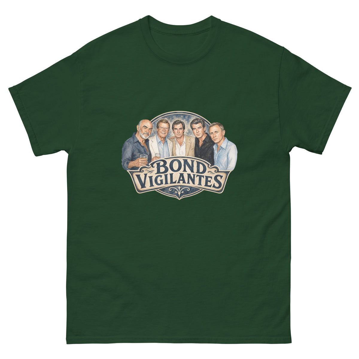 "Bond Vigilantes" saloon-sign lettering with five watercolour portraits of men in evening wear on a t-shirt