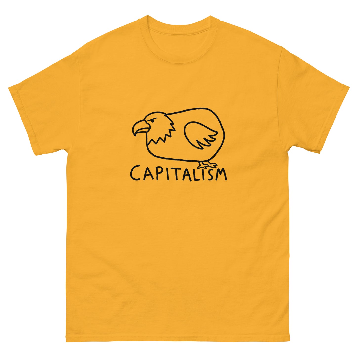 Chubby cartoon bald eagle illustration with "Capitalism" text on a unisex t-shirt