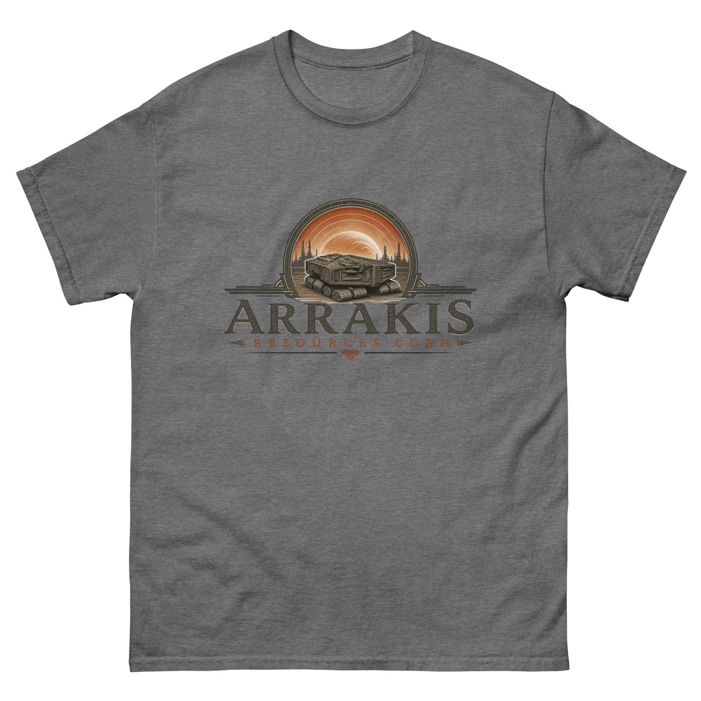 Unisex tee with an engraved industrial logo of a tracked mining crawler in front of a planet and refinery towers above serif lettering reading Arrakis Resources Corp