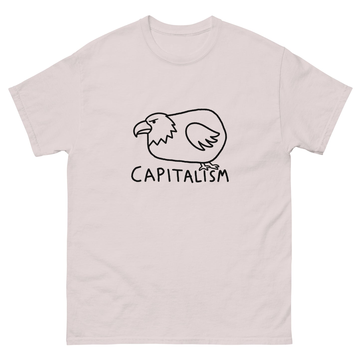 Chubby cartoon bald eagle illustration with "Capitalism" text on a unisex t-shirt