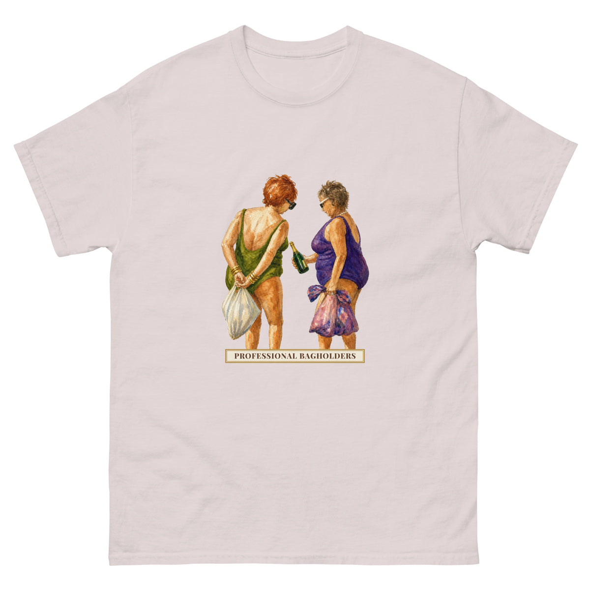 Professional Bagholders t-shirt with a watercolour of two older women in swimsuits holding plastic bags and a champagne bottle above a vintage title sign