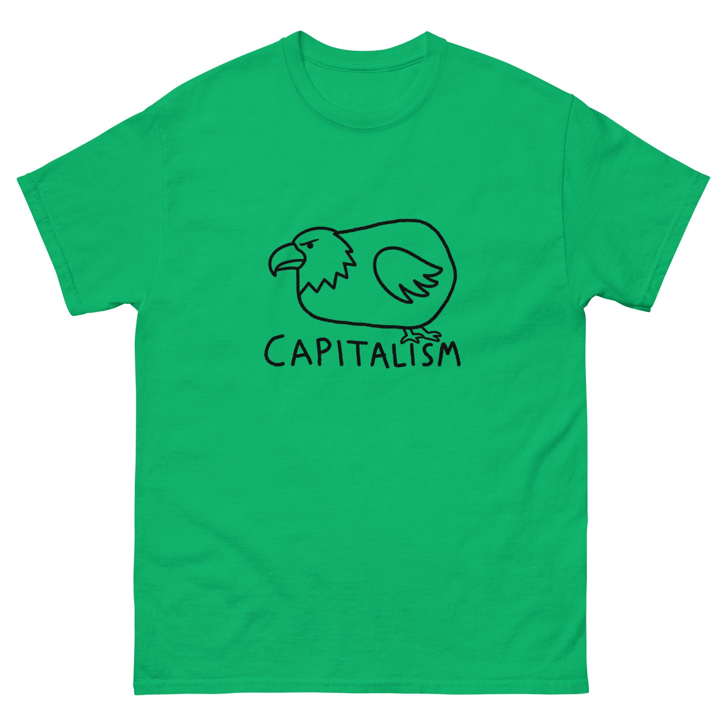 Chubby cartoon bald eagle illustration with "Capitalism" text on a unisex t-shirt