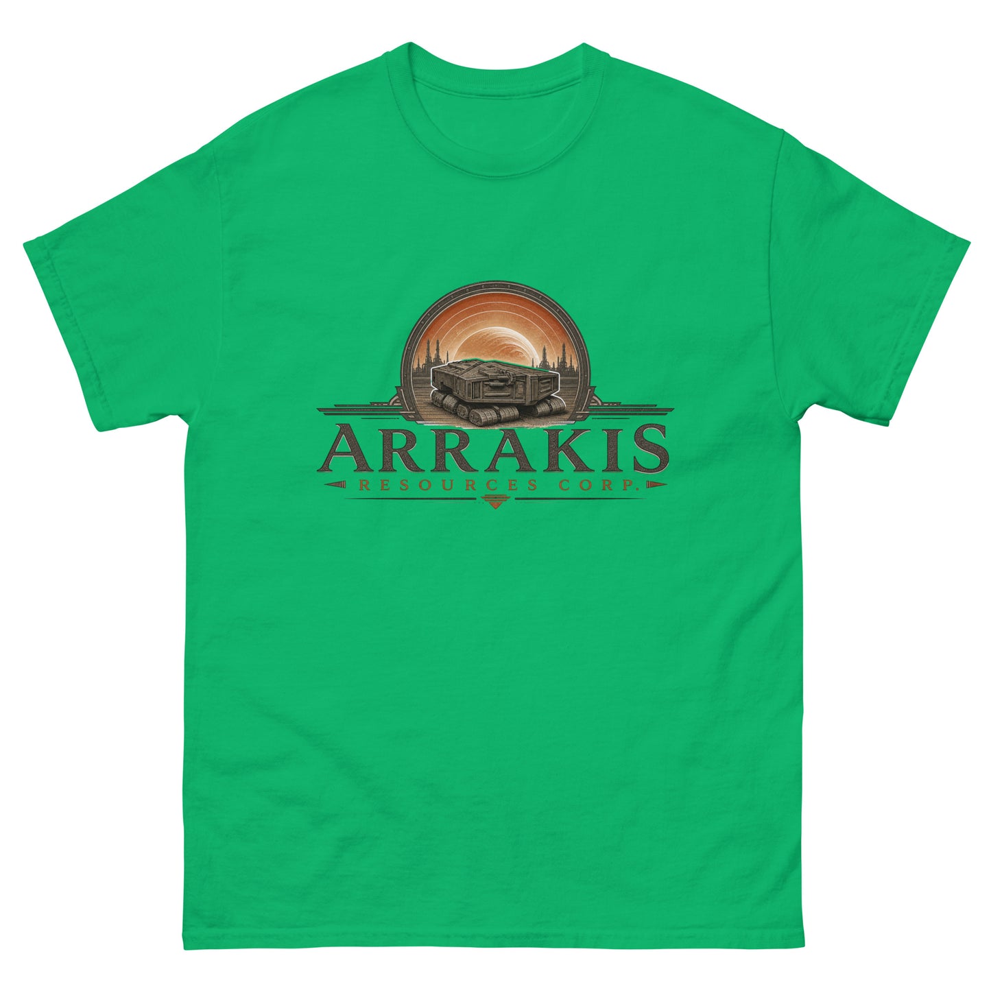 Unisex tee with an engraved industrial logo of a tracked mining crawler in front of a planet and refinery towers above serif lettering reading Arrakis Resources Corp