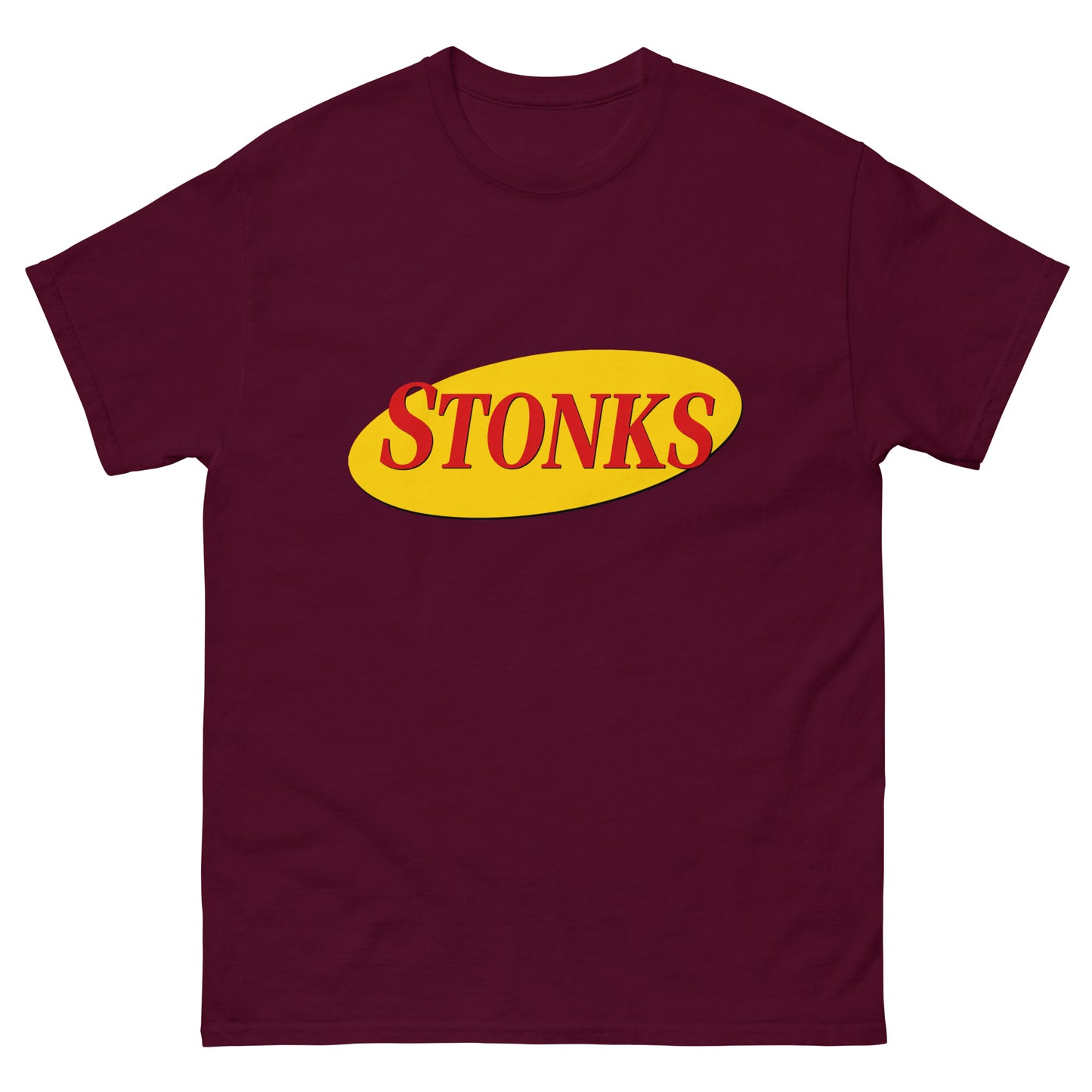 "STONKS" printed in Seinfeld-style lettering on a unisex cotton t-shirt