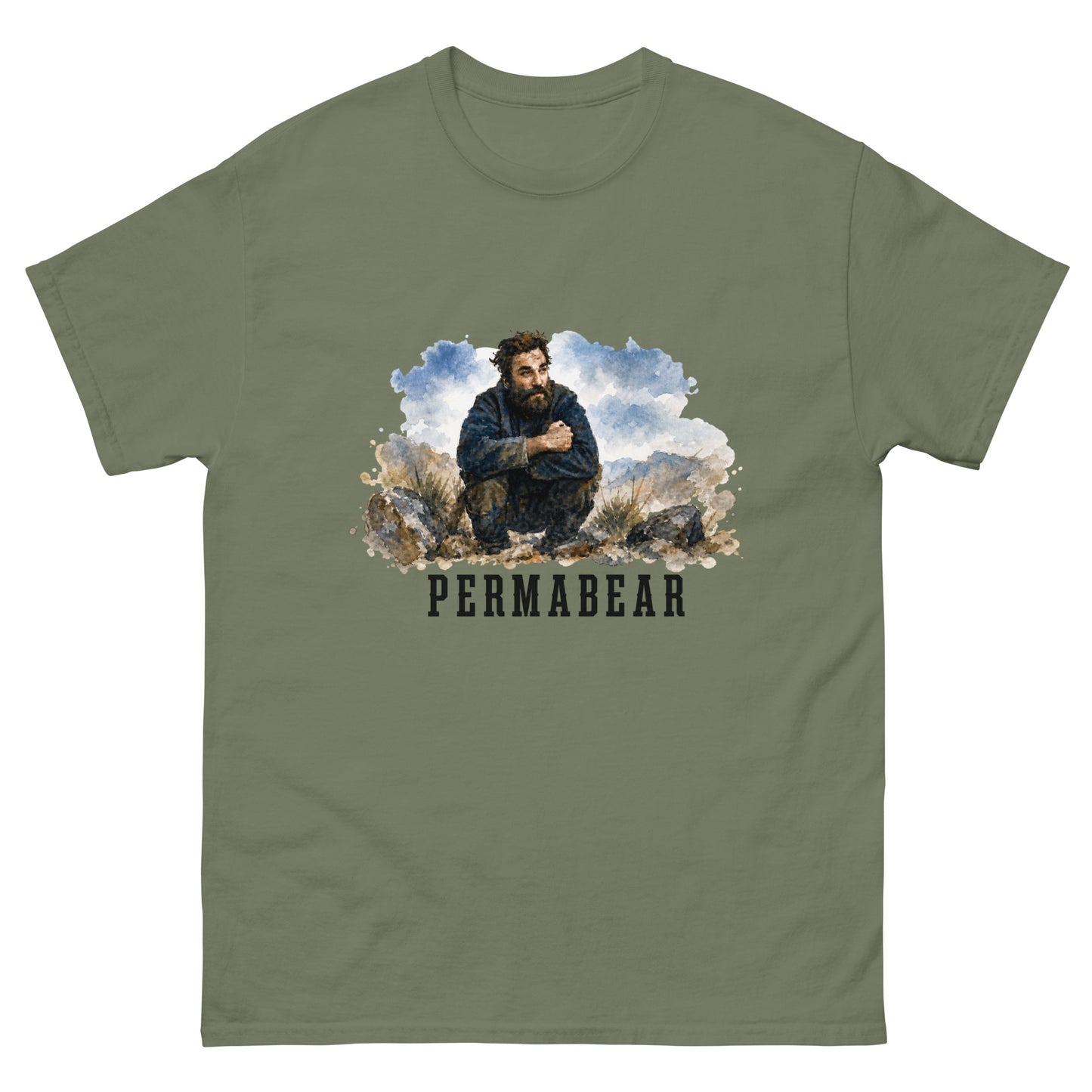 Unisex t-shirt with weathered illustration of a bearded man and Permabear text design