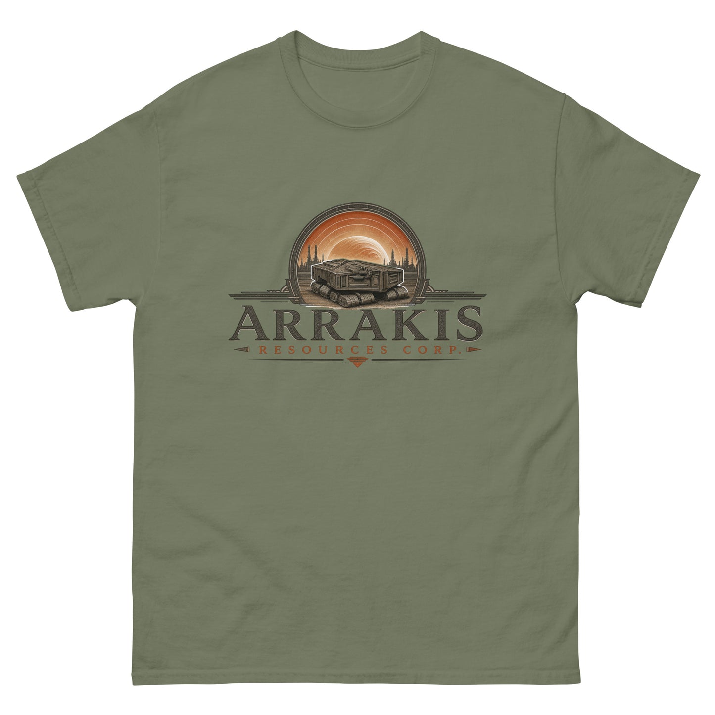 Unisex tee with an engraved industrial logo of a tracked mining crawler in front of a planet and refinery towers above serif lettering reading Arrakis Resources Corp