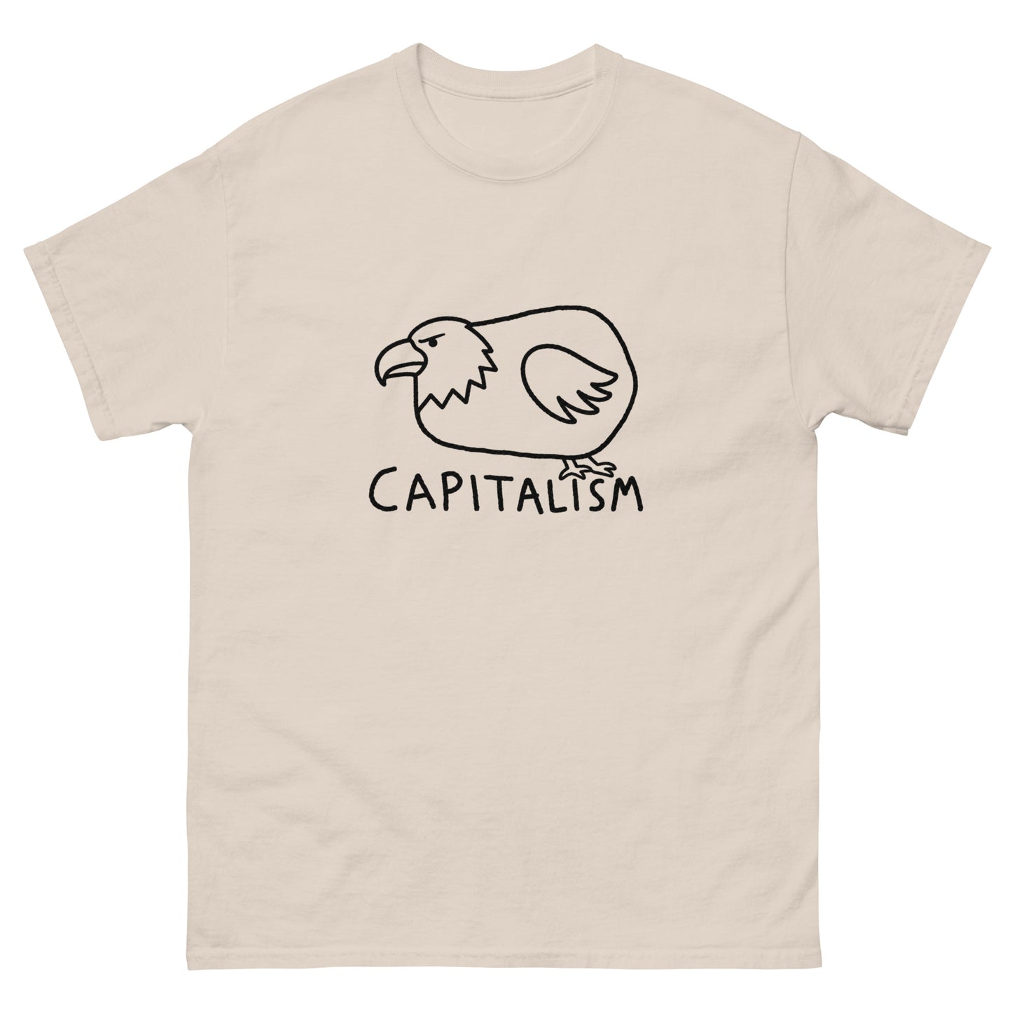 Chubby cartoon bald eagle illustration with "Capitalism" text on a unisex t-shirt