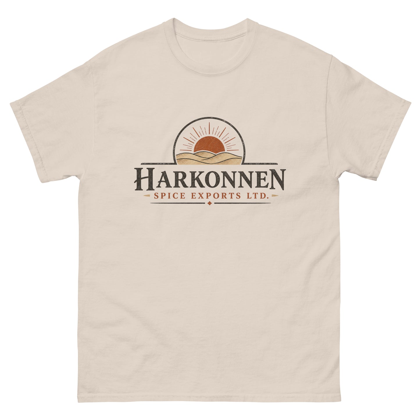 Unisex tee with a vintage engraved logo of a sun rising over desert dunes above serif lettering for a fictional spice export company