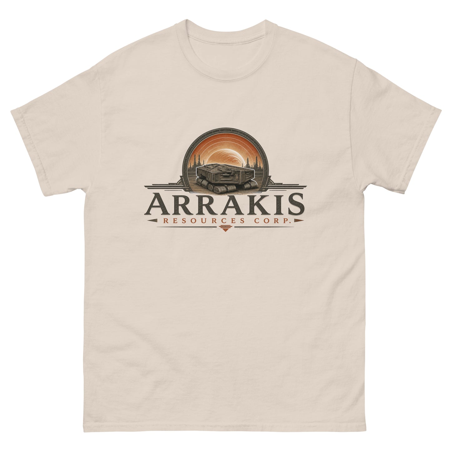Unisex tee with an engraved industrial logo of a tracked mining crawler in front of a planet and refinery towers above serif lettering reading Arrakis Resources Corp