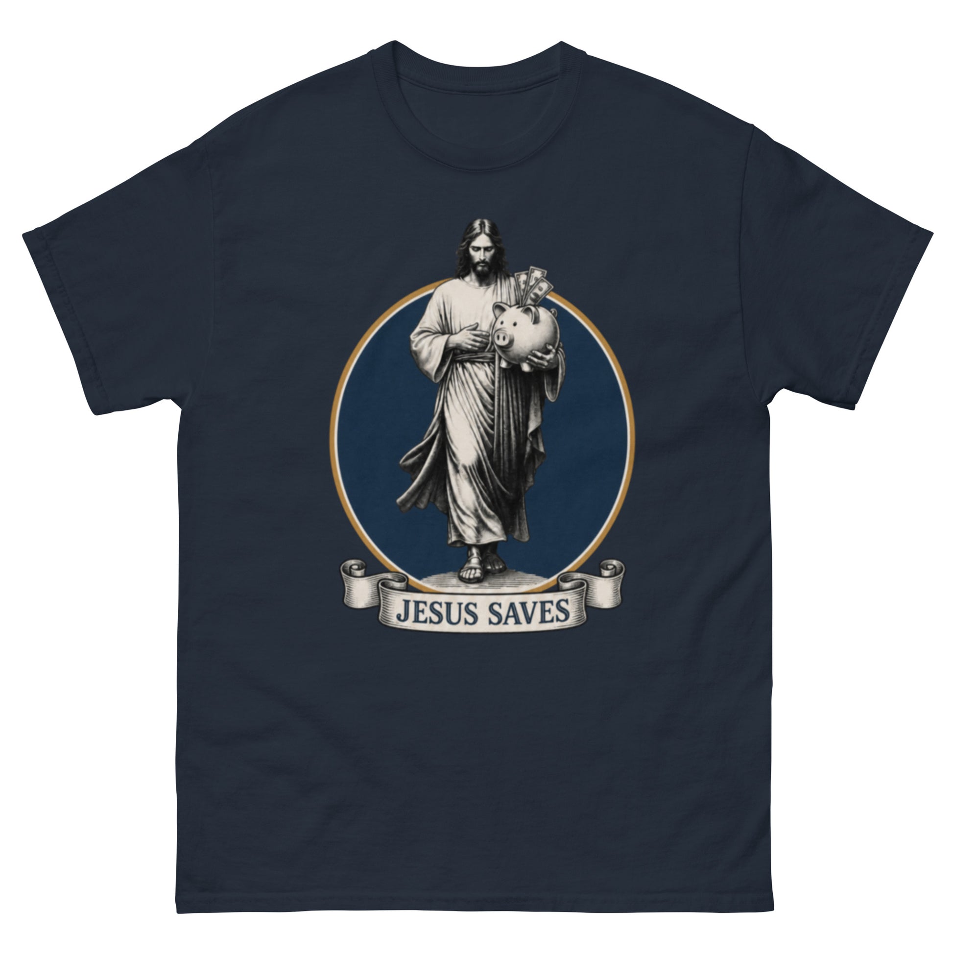 "Jesus Saves Big Print" engraving-style savings-pun unisex t-shirt
