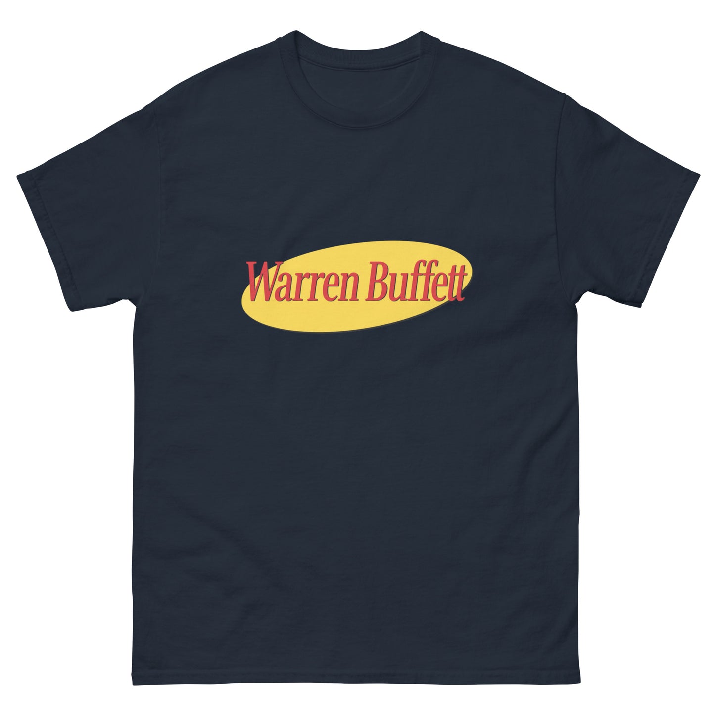 A t-shirt with a print on the chest depicting an oval shape containing the text Warren Buffett