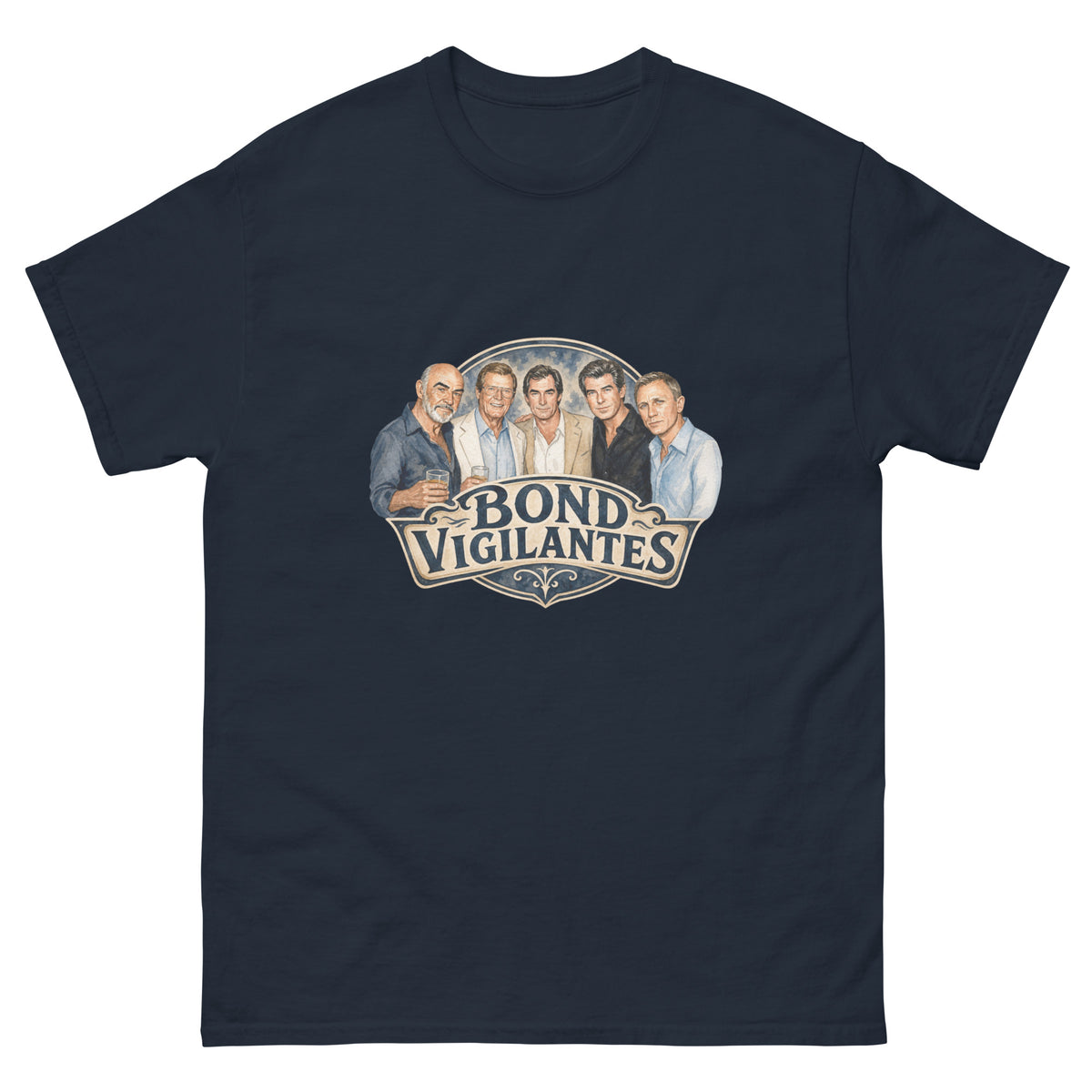 "Bond Vigilantes" saloon-sign lettering with five watercolour portraits of men in evening wear on a t-shirt