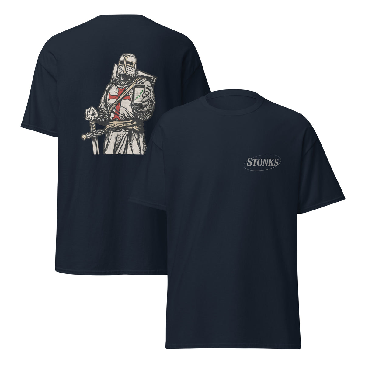Unisex t-shirt featuring a woodcut-style crusader knight illustration holding a smartphone showing a rising stock chart