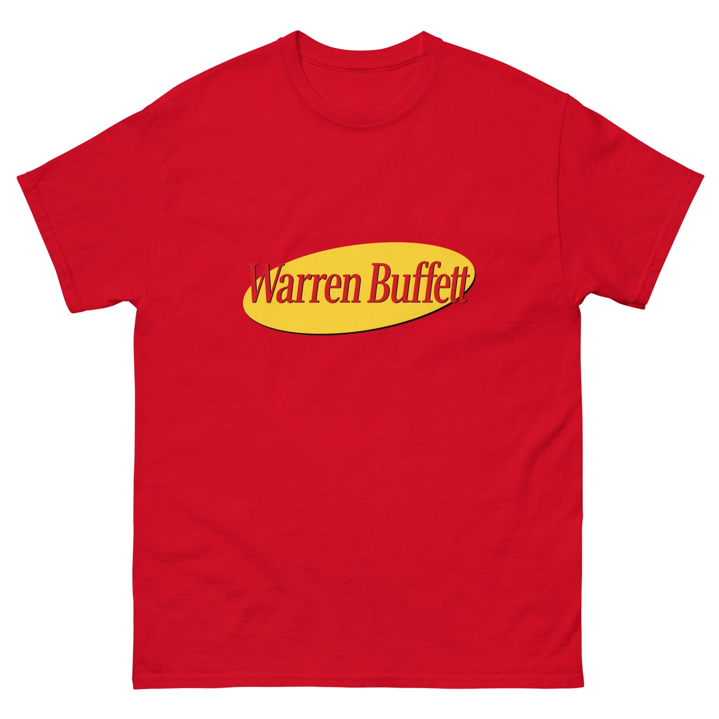 A t-shirt with a print on the chest depicting an oval shape containing the text Warren Buffett