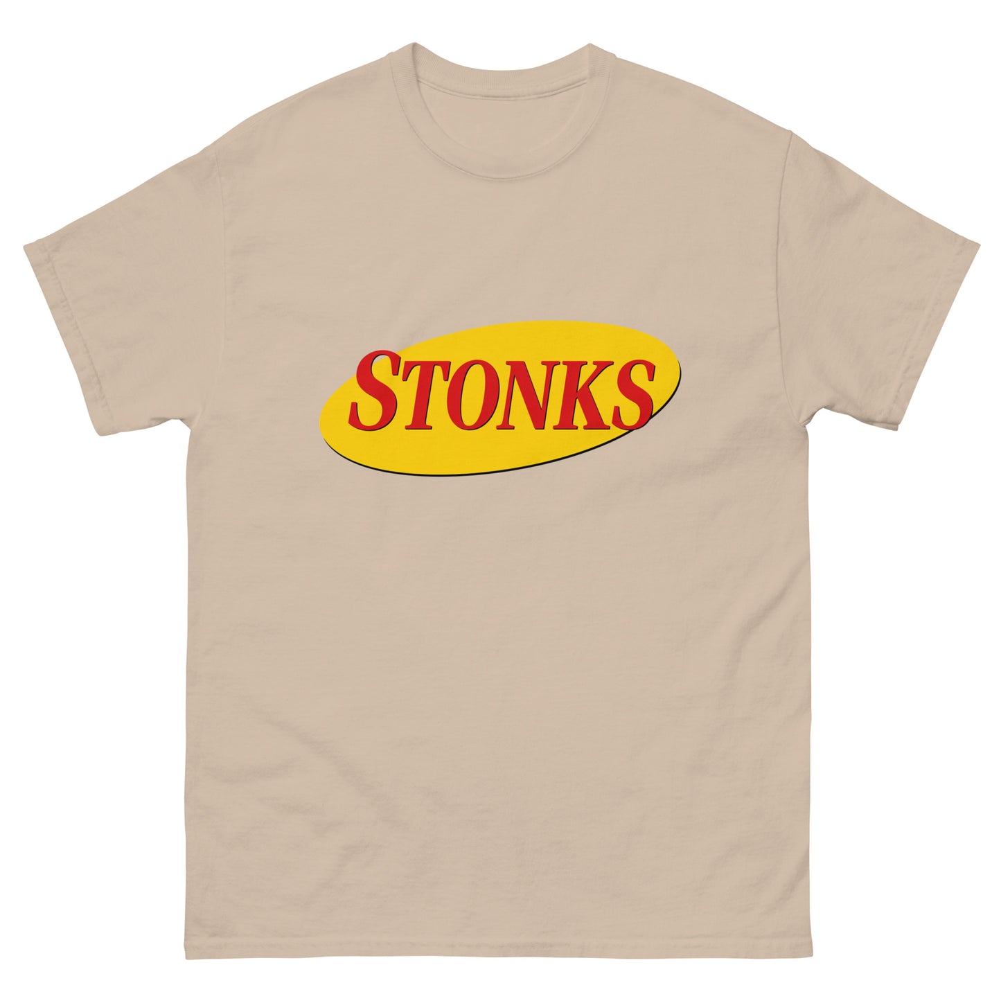 "STONKS" printed in Seinfeld-style lettering on a unisex cotton t-shirt
