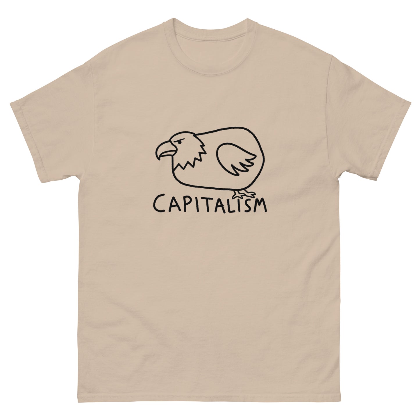 Chubby cartoon bald eagle illustration with "Capitalism" text on a unisex t-shirt