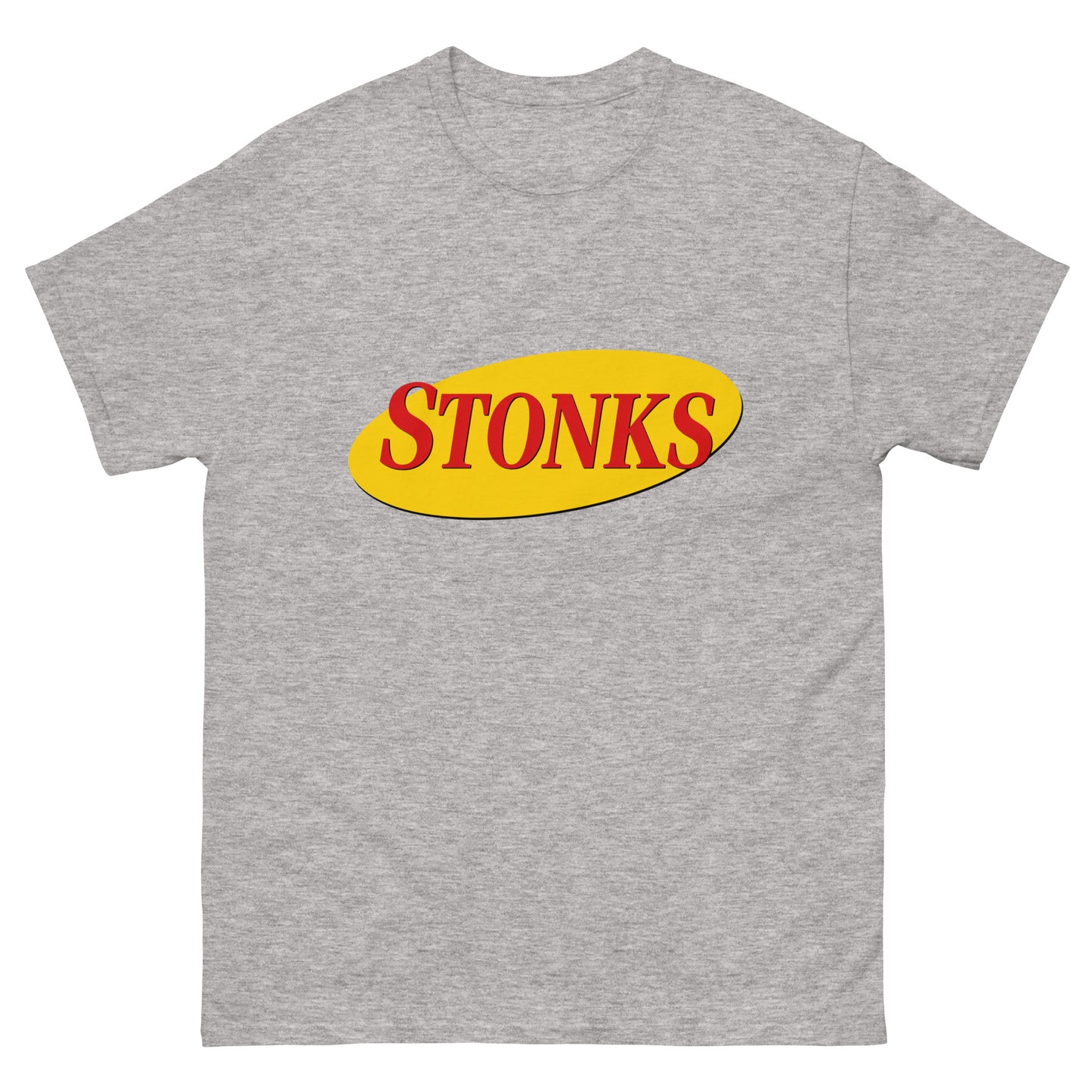 "STONKS" printed in Seinfeld-style lettering on a unisex cotton t-shirt