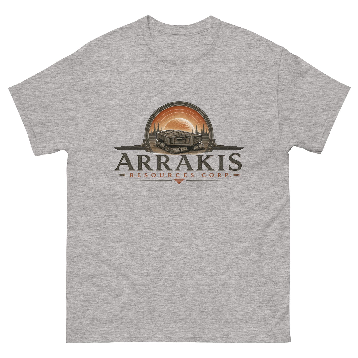 Unisex tee with an engraved industrial logo of a tracked mining crawler in front of a planet and refinery towers above serif lettering reading Arrakis Resources Corp