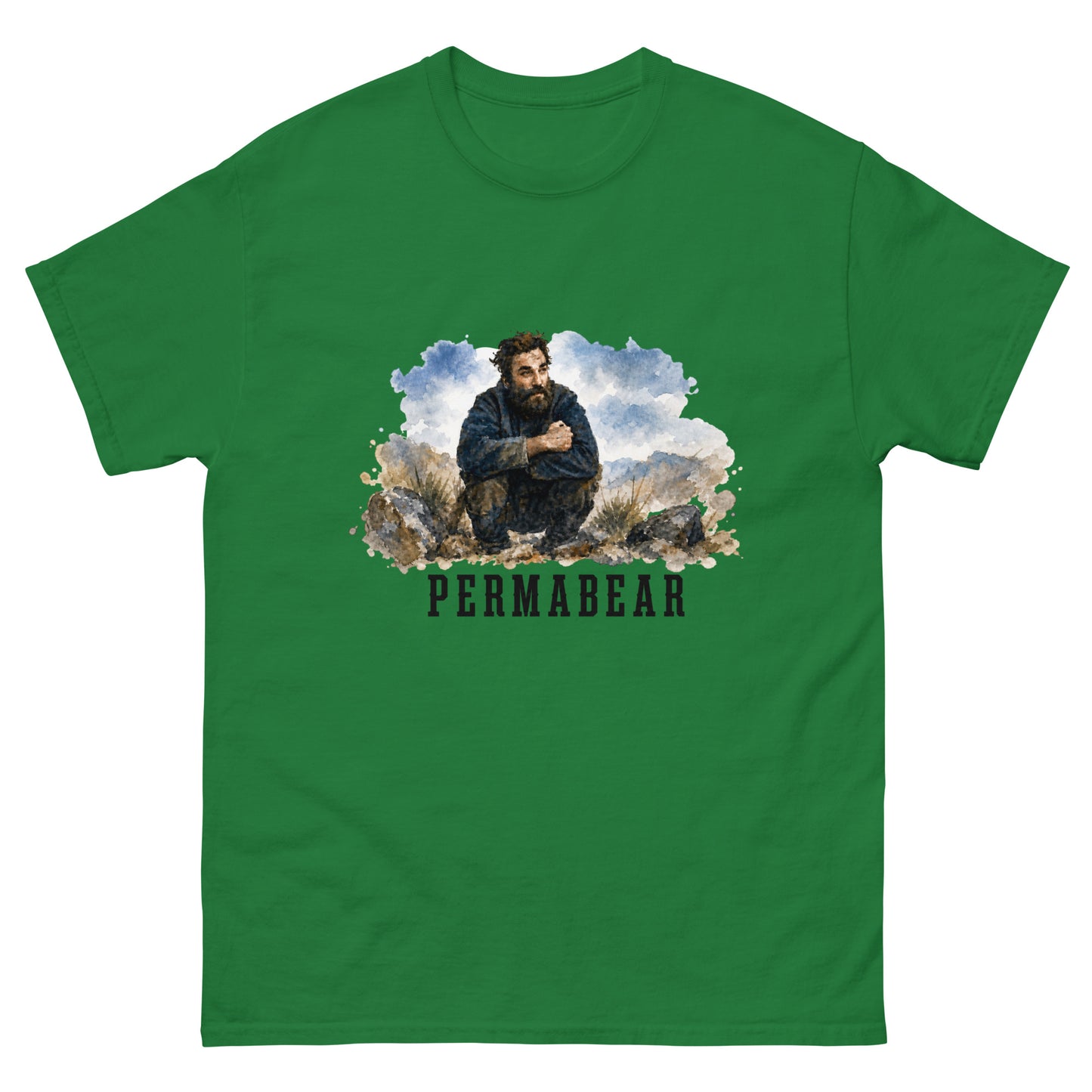 Unisex t-shirt with weathered illustration of a bearded man and Permabear text design