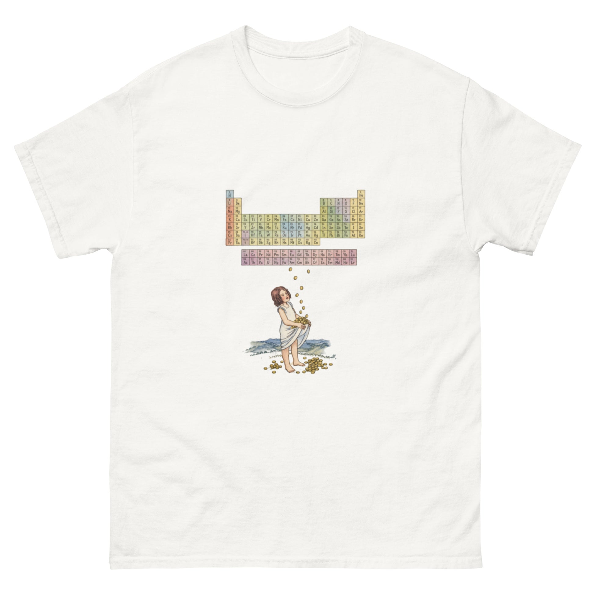 "Periodic table" of metals with gold rain mining unisex t-shirt