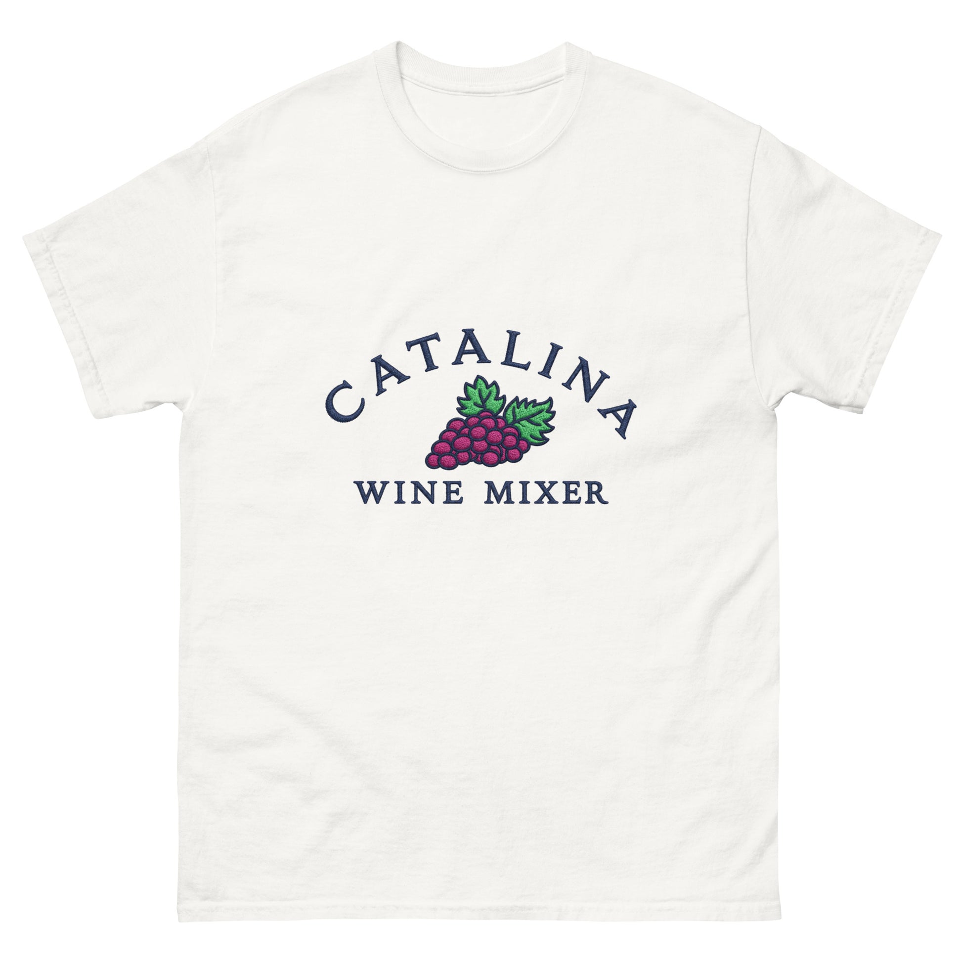 "Catalina Wine Mixer" embroidered-style grape crest on a unisex tee
